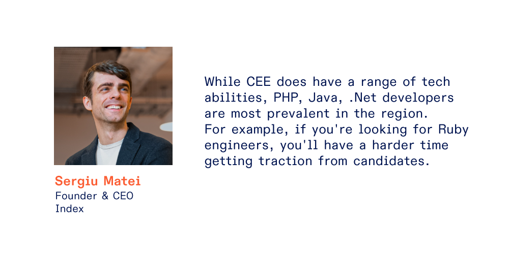 Portret of a man Sergiu Matei with copy about developers