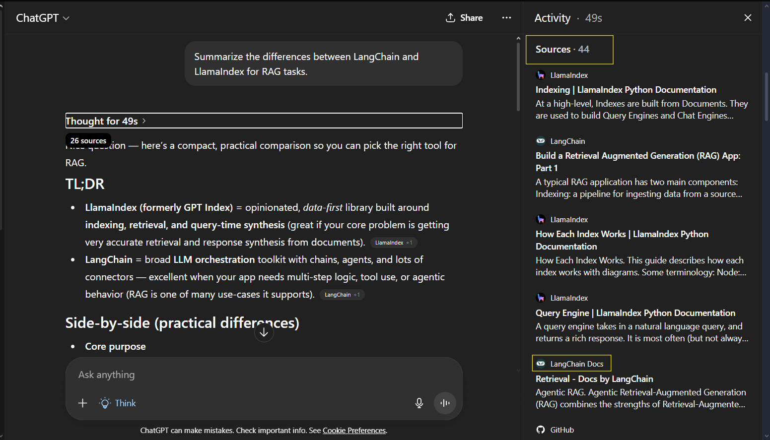 ChatGPT: Summarize the differences between LangChain and LlamaIndex for RAG tasks