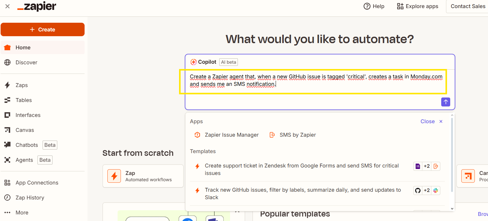 Zapier: Create a Zapier agent than when a new Github issue is tagger 'critical', creates a task in Monday.com and sends me notification