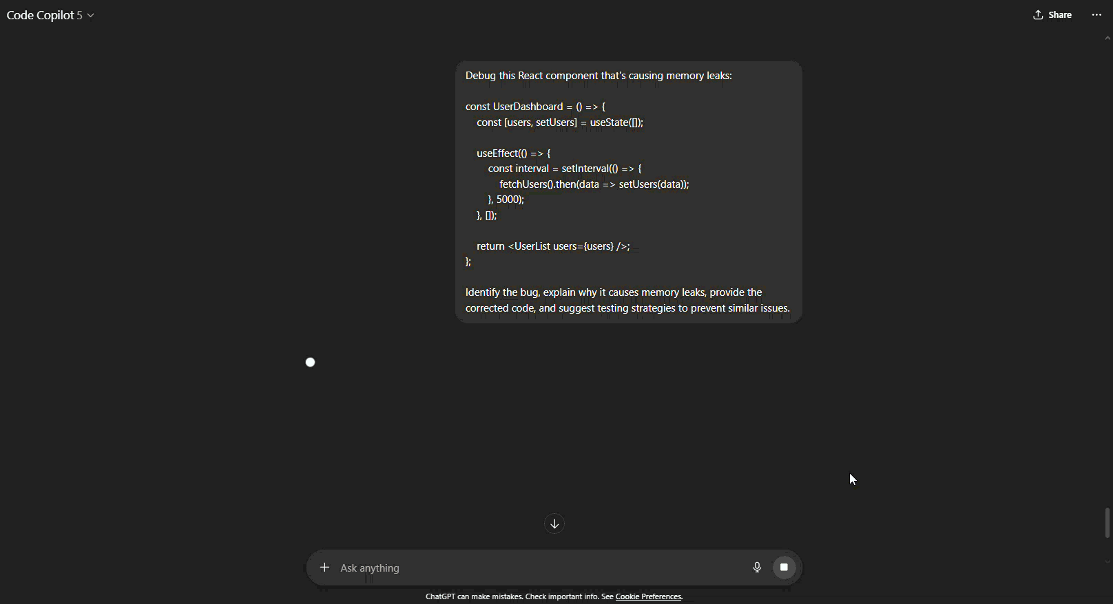 ChatGPT bug investigation & fix