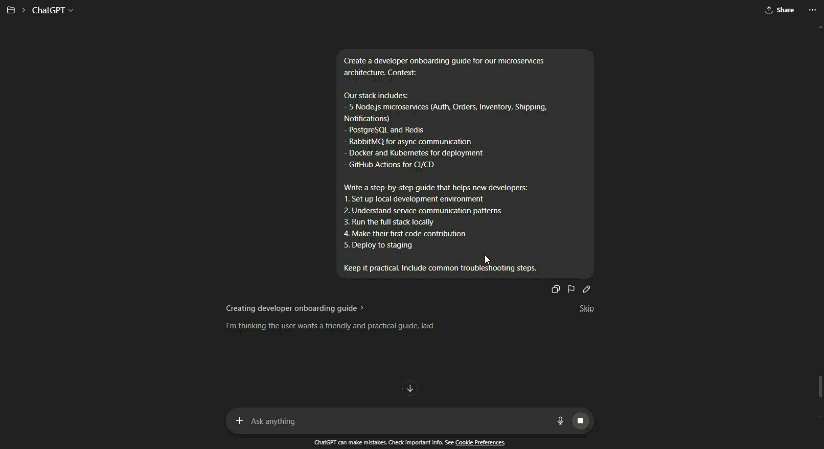 ChatGPT microservices architecture onboarding guide creation
