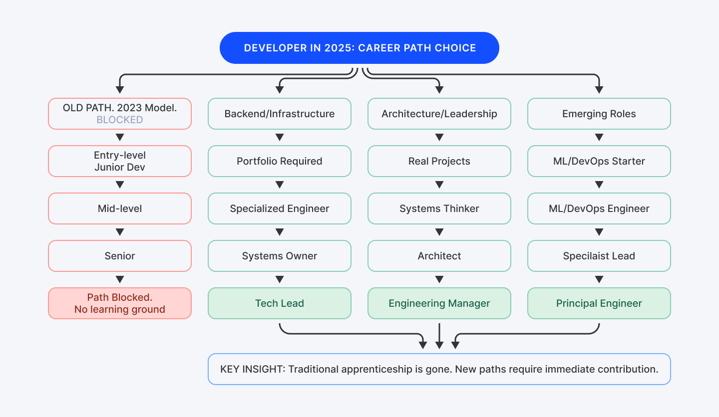Developer Career Paths in 2025 - showing old blocked paths vs new alternative routes