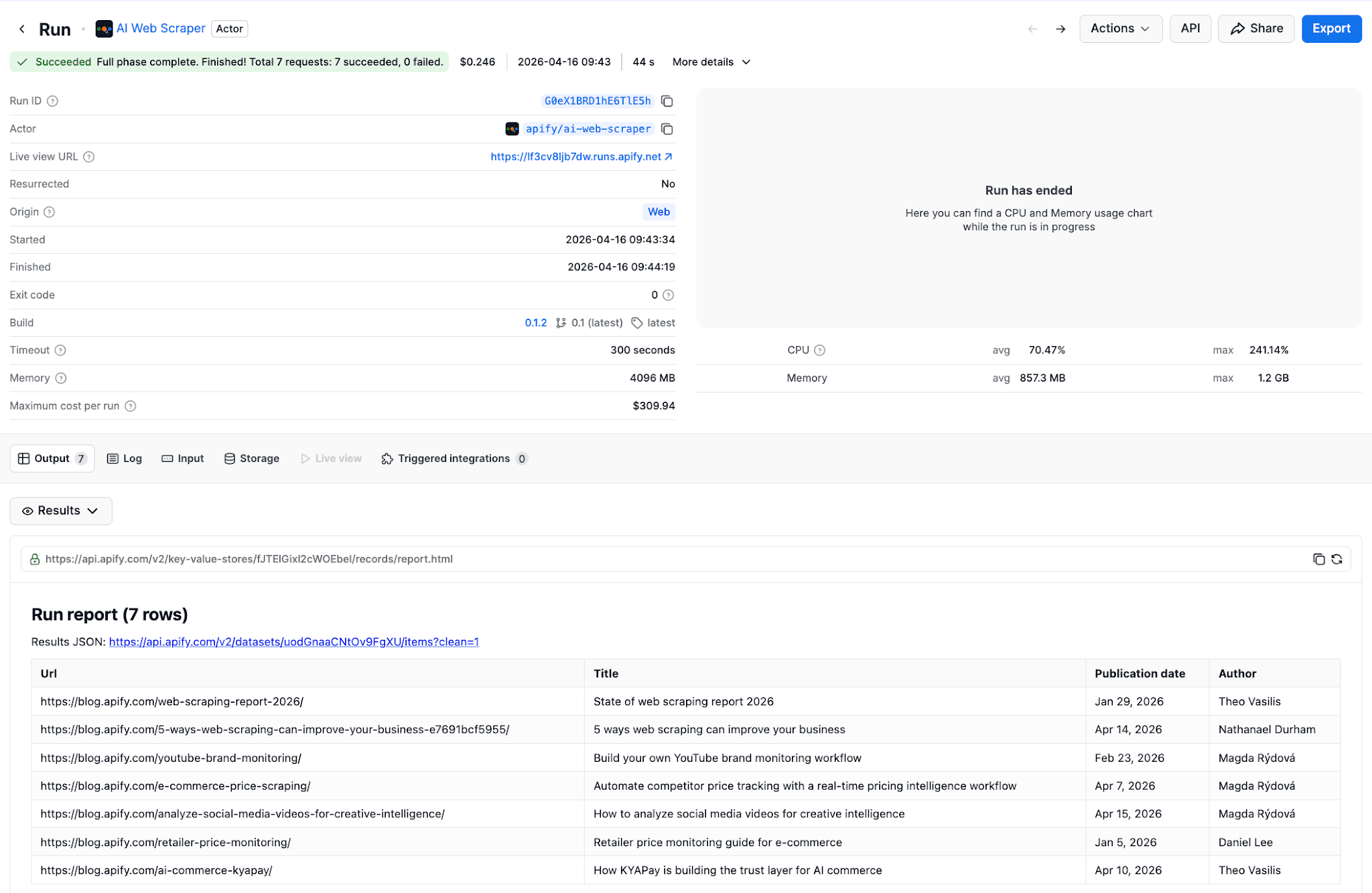 AI Web Scraper output tab