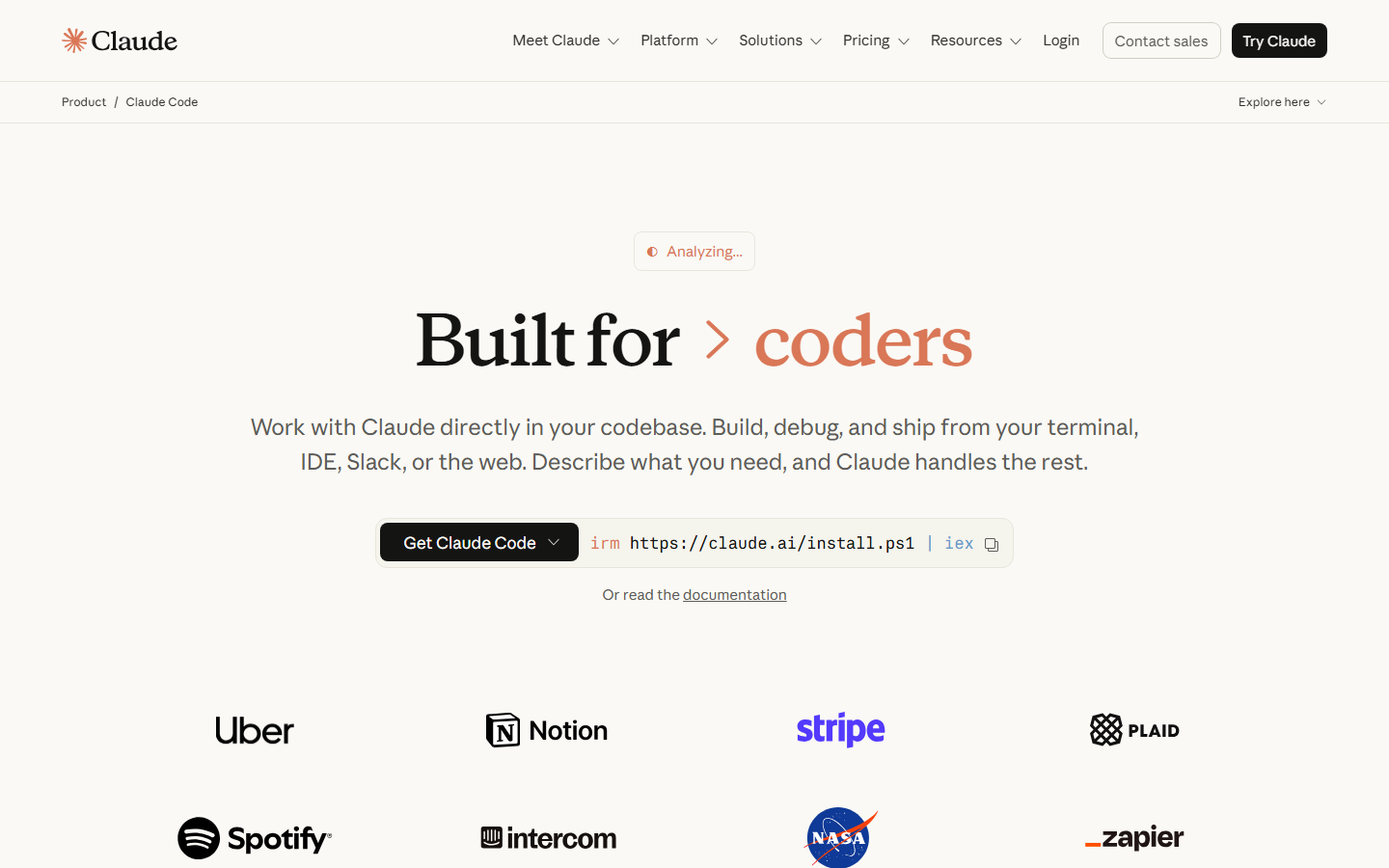 Claude Code landing page: Built for coders, with the install command in the hero.