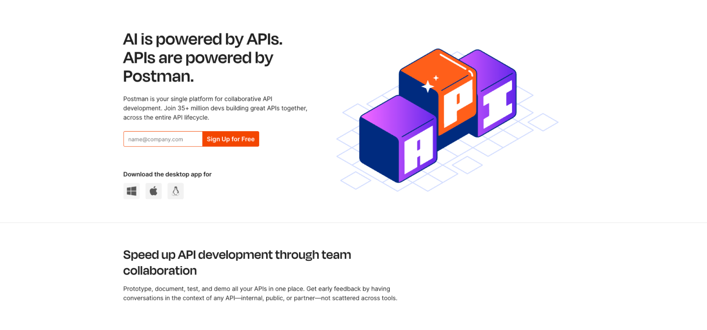 Postman landing page positioning it as the platform for AI-powered APIs.