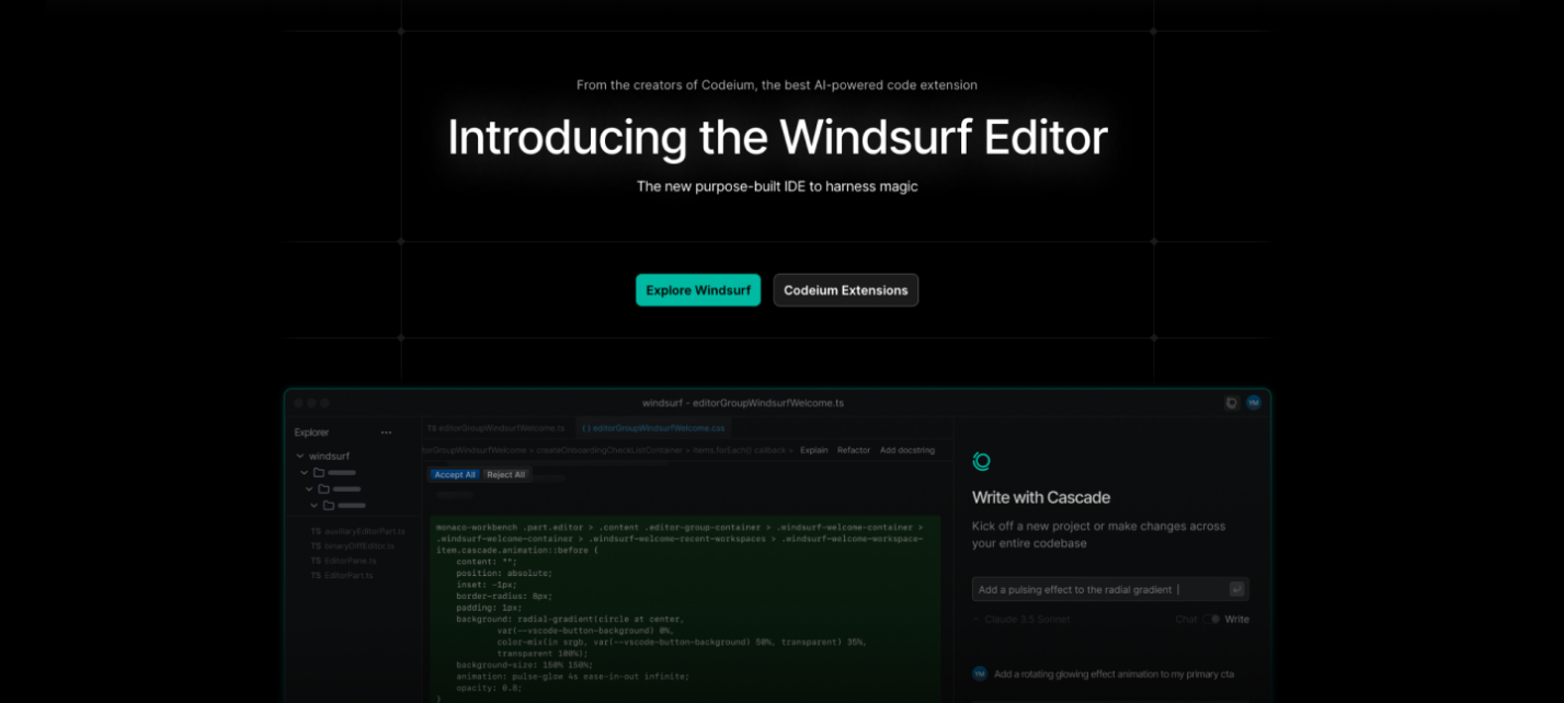 Windsurf Editor (formerly Codeium) introducing its Cascade agent.