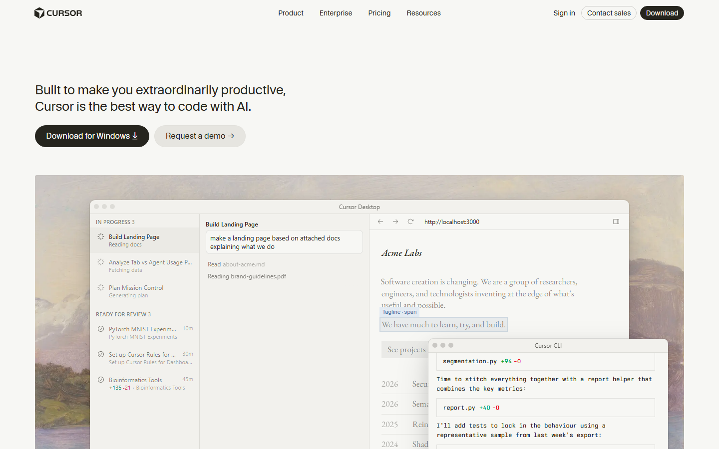 Cursor landing page: built to make you extraordinarily productive.