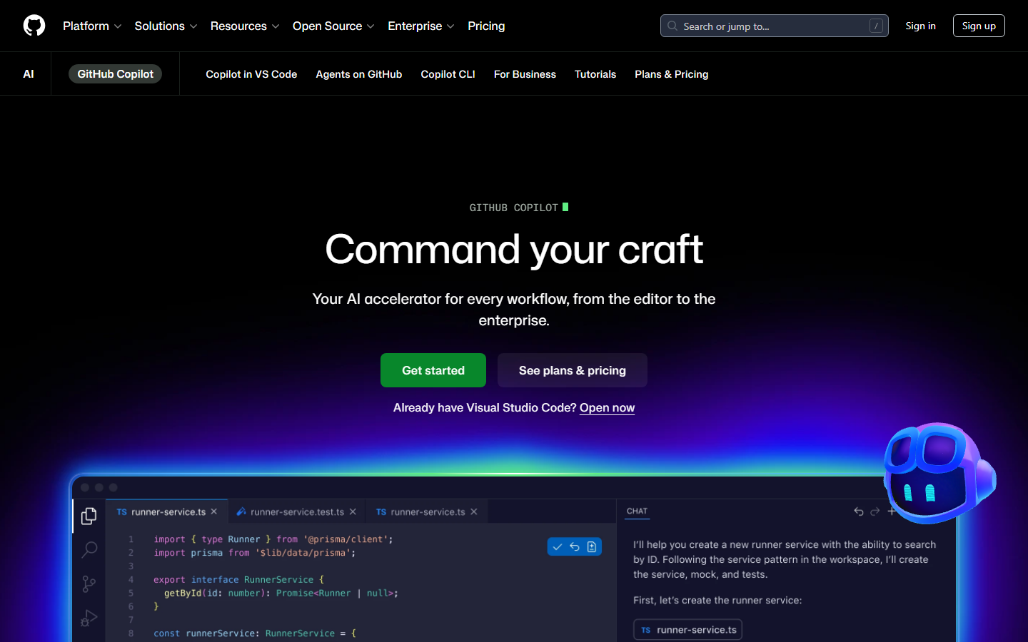 GitHub Copilot landing page: Command your craft.