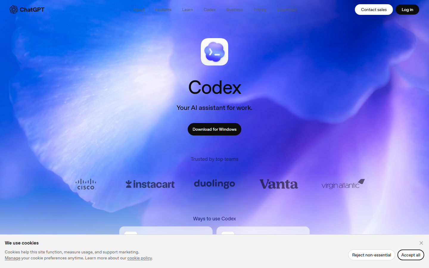 OpenAI Codex landing page: your AI assistant for work.