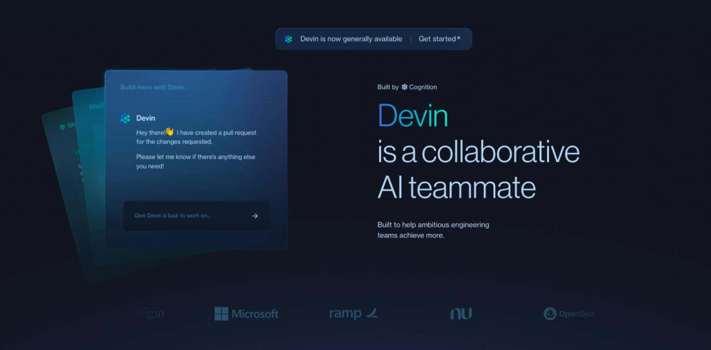 Devin landing page promoting it as a collaborative AI teammate.
