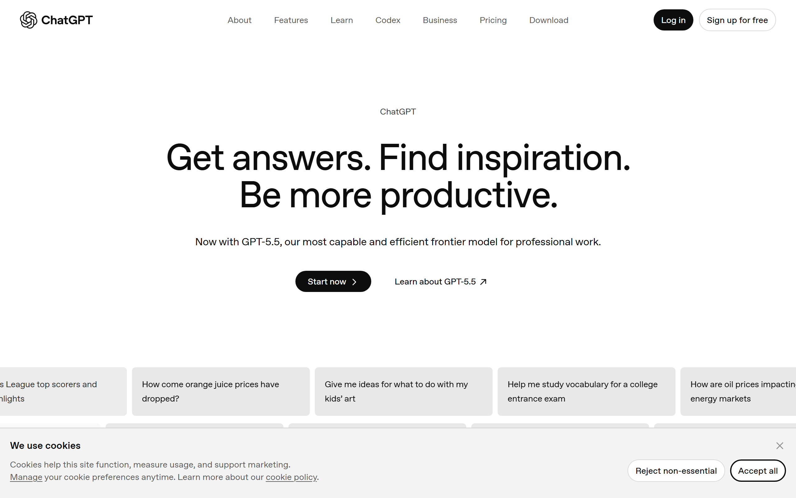 ChatGPT homepage in 2026 promoting GPT-5.5 as its most capable model for professional work