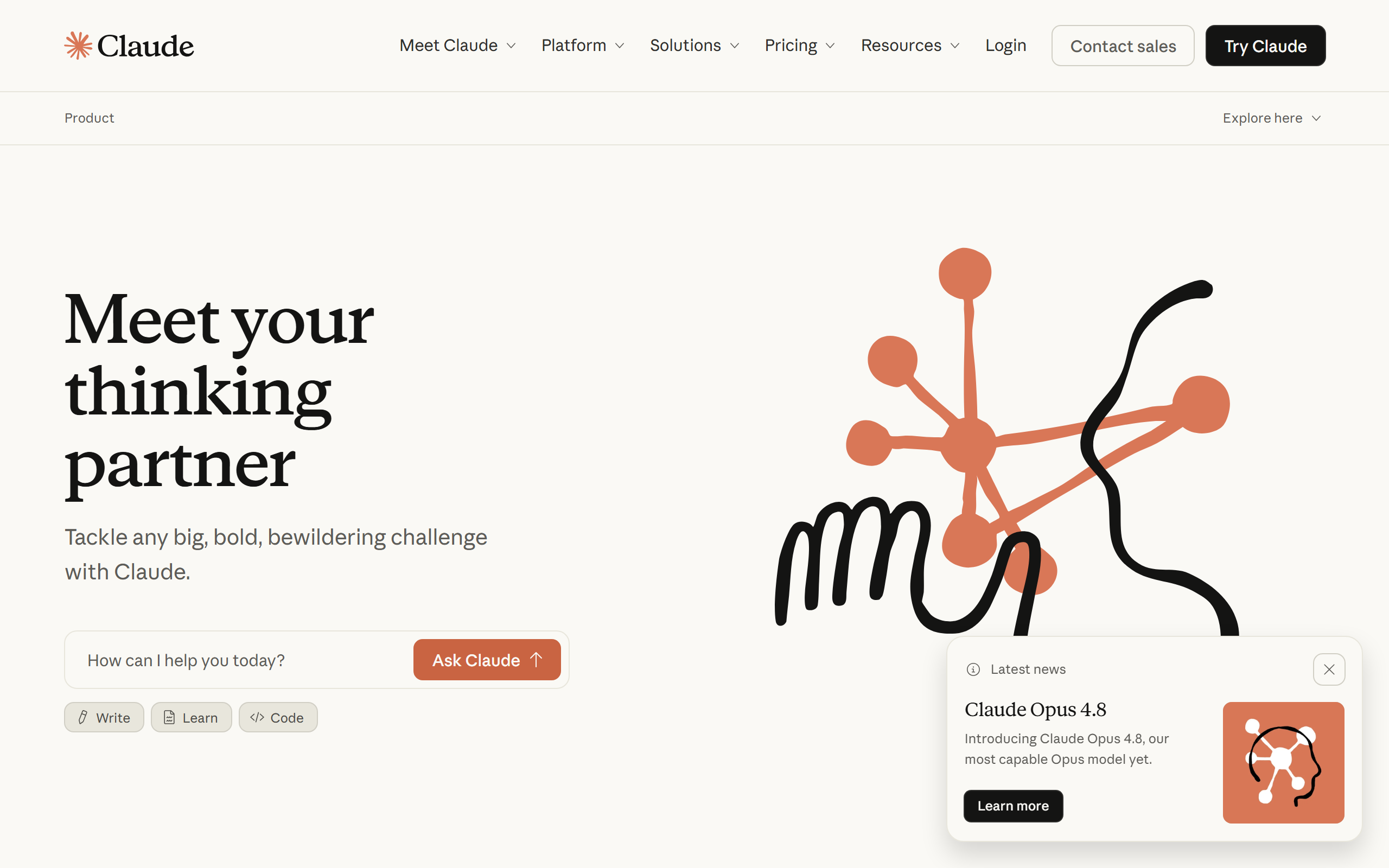 Claude homepage in 2026 highlighting the Claude Opus 4.8 launch