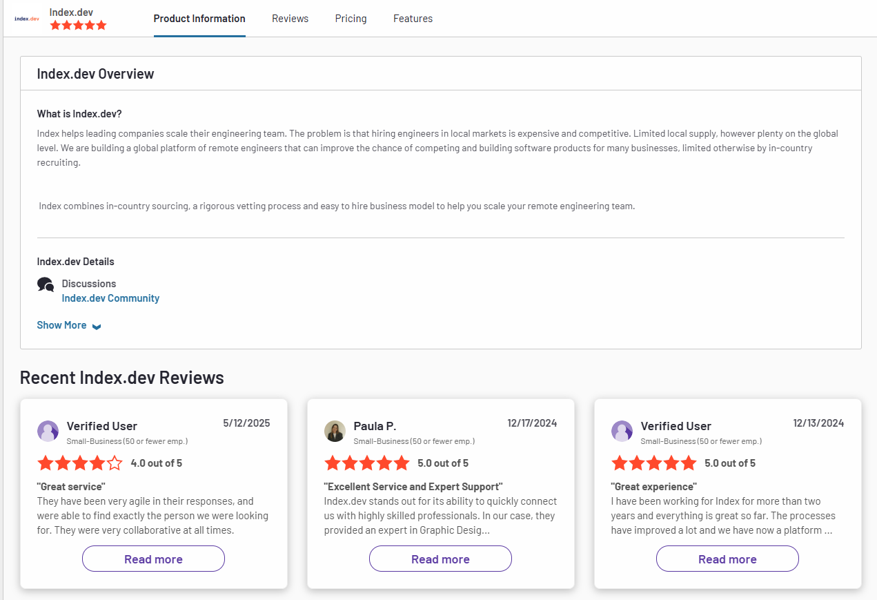 Index.dev's testimonials